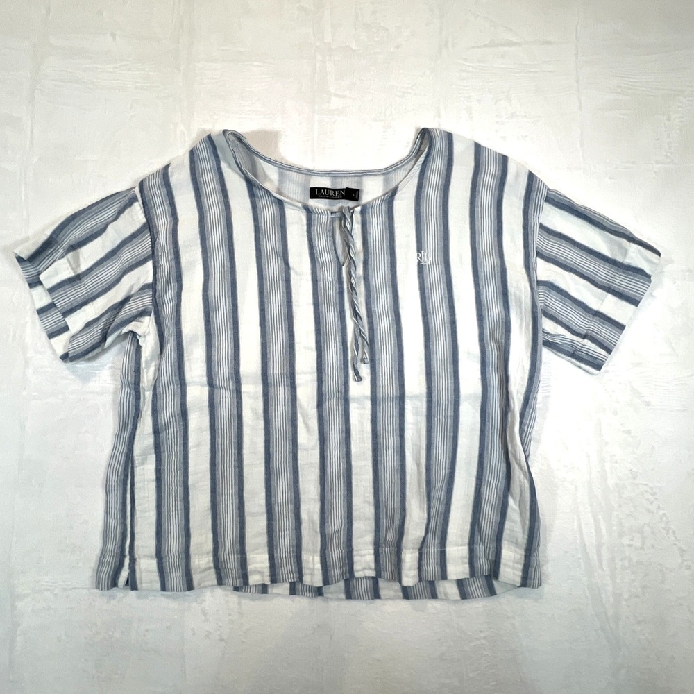 Lauren Ralph Lauren Black Label Shirt Womens Large Blue Striped Gauzy Boxy Logo